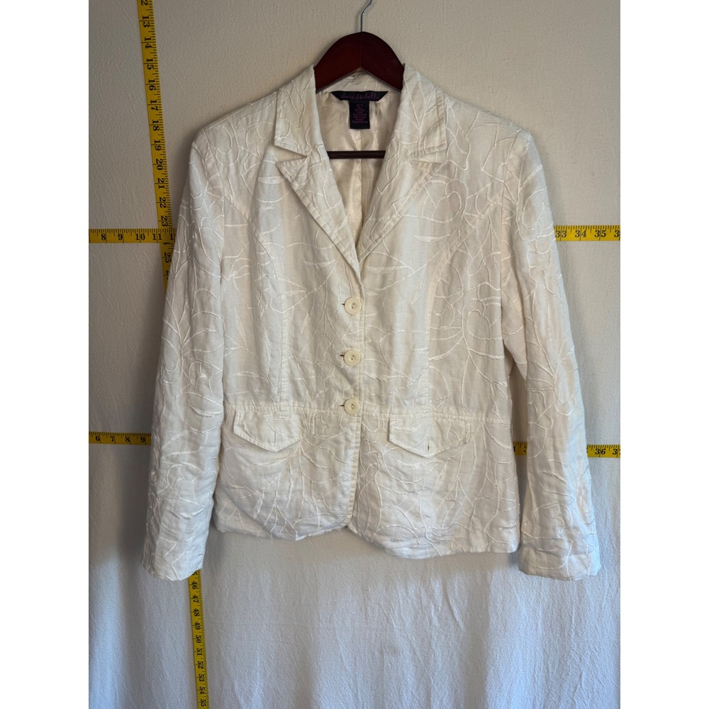 Sara Isabella Embroidered Women's Medium White 100% Linen Blazer Preppy Coastal